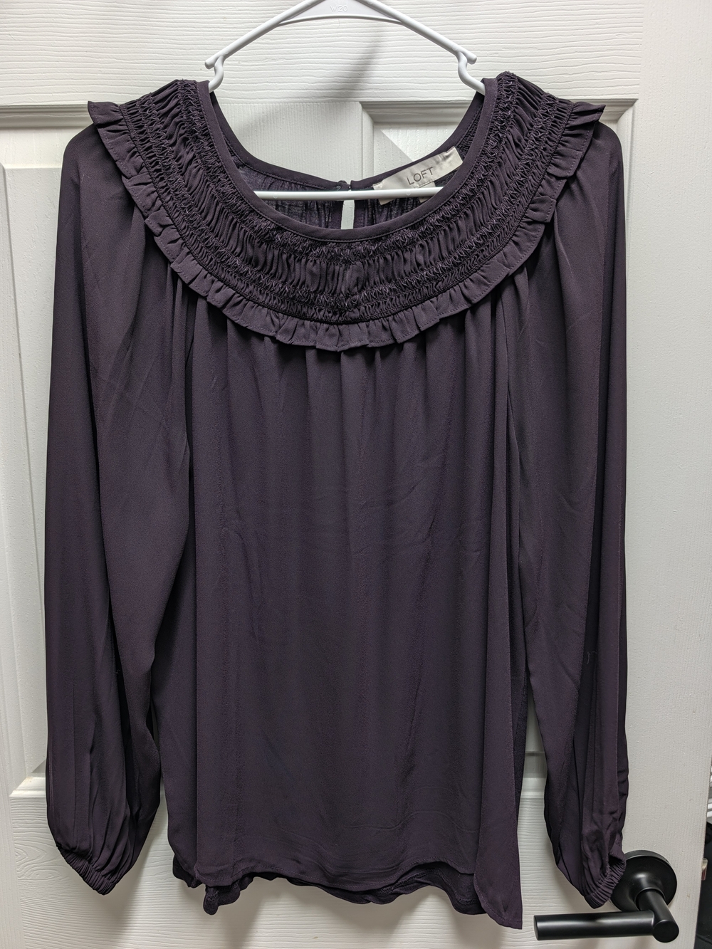 LOFT Plum Smocked Ruffled Yoke Long-Sleeve Blouse
